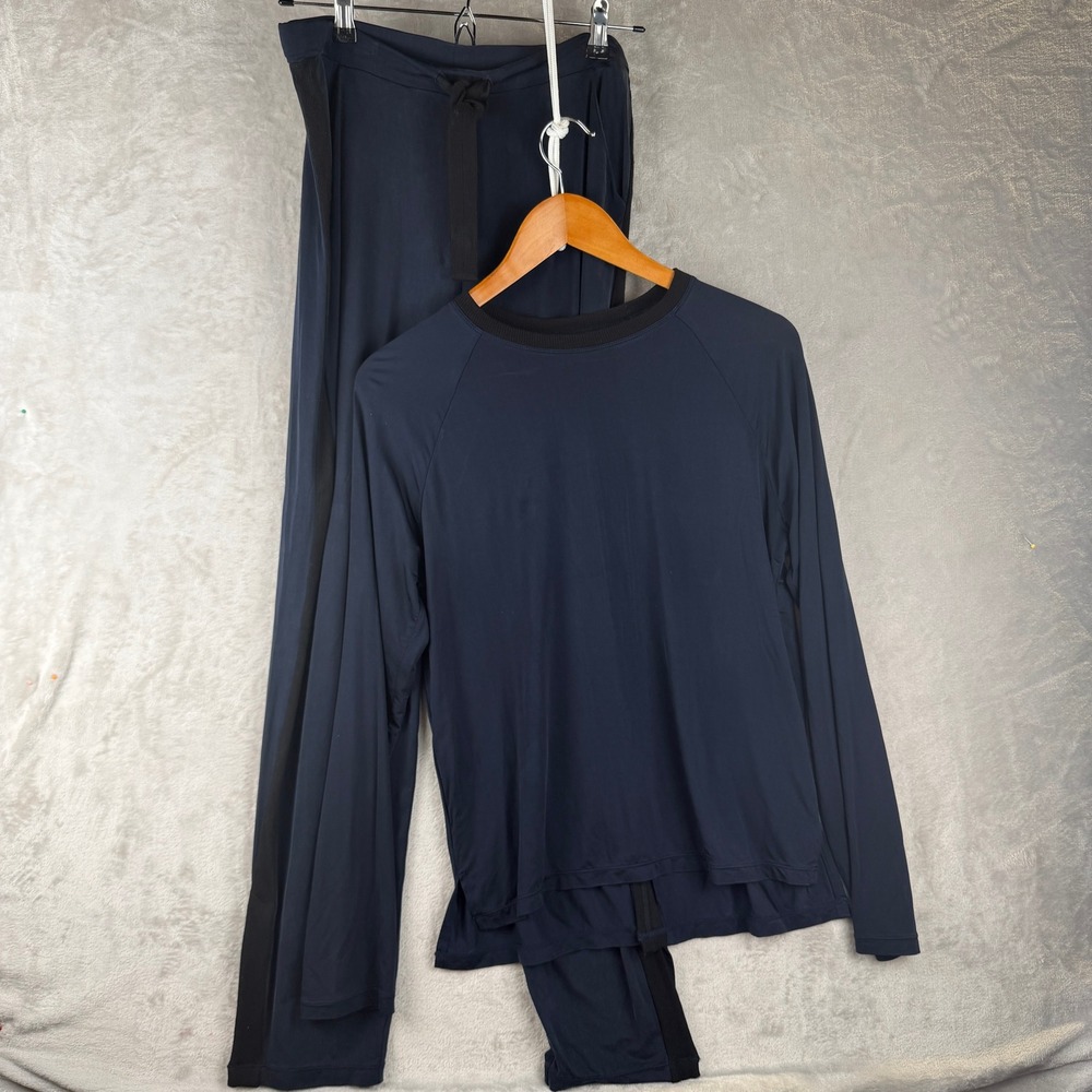Summersalt Navy Blue Cupro Lounge Set Large small Long Sleeve Top Wide Leg Pants